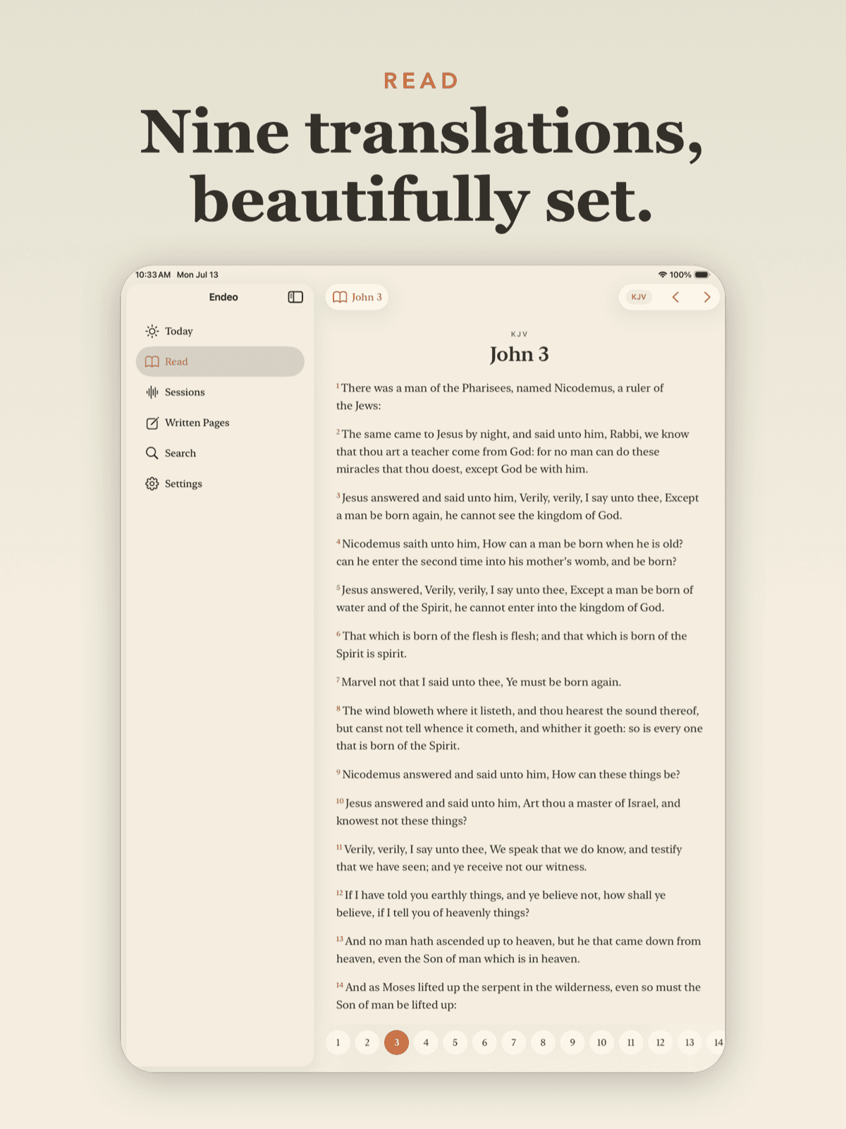 Reading — any passage, in any of a dozen translations ingested into our own database.