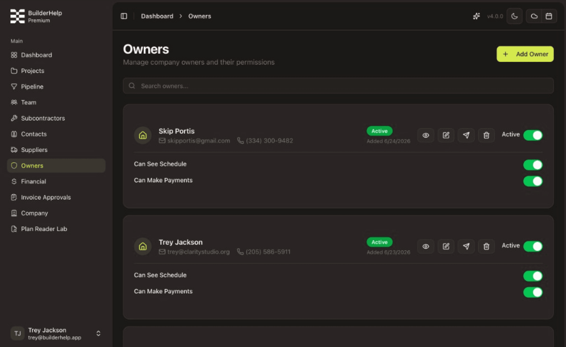 Owner accounts — invite homeowners, toggle schedule and payment access, keep the portal calm and controlled.