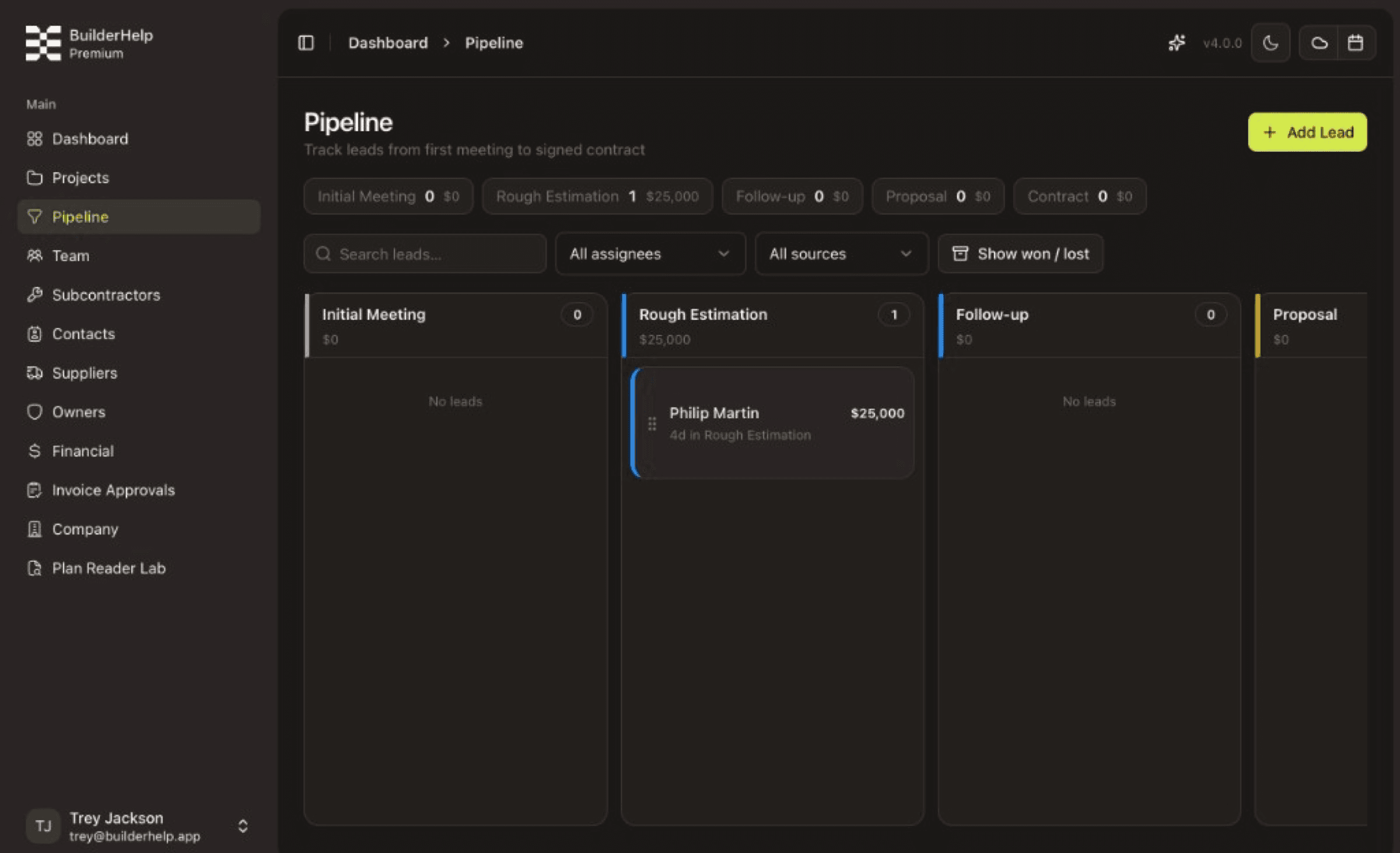 The sales pipeline — leads move from first meeting to signed contract without a separate CRM.