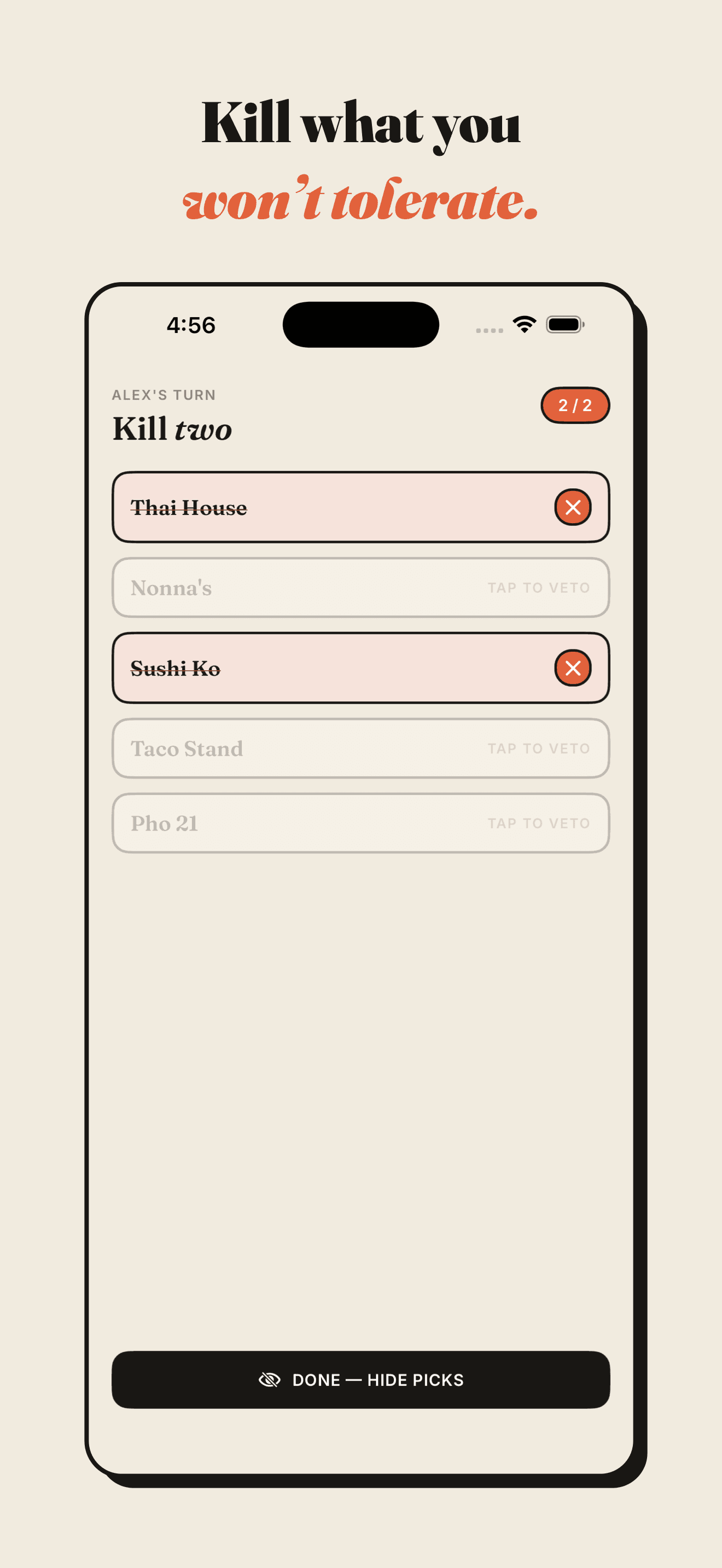 The veto step — you mark what you won't tolerate, and no other player's client ever receives what you marked.