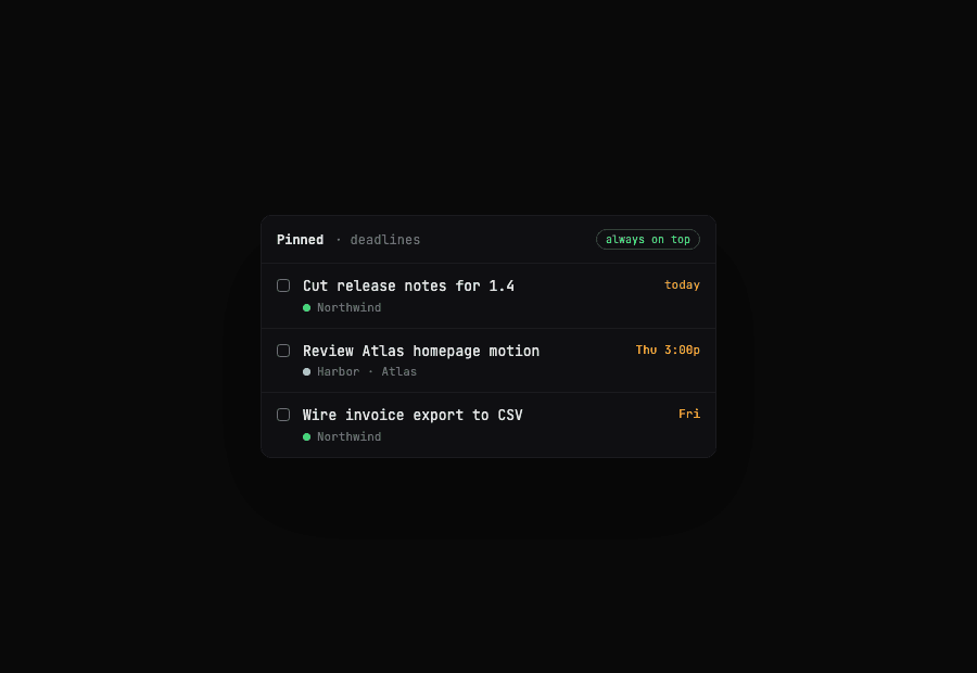 Pinned strip — always on top, just enough deadline context without reclaiming a full window.