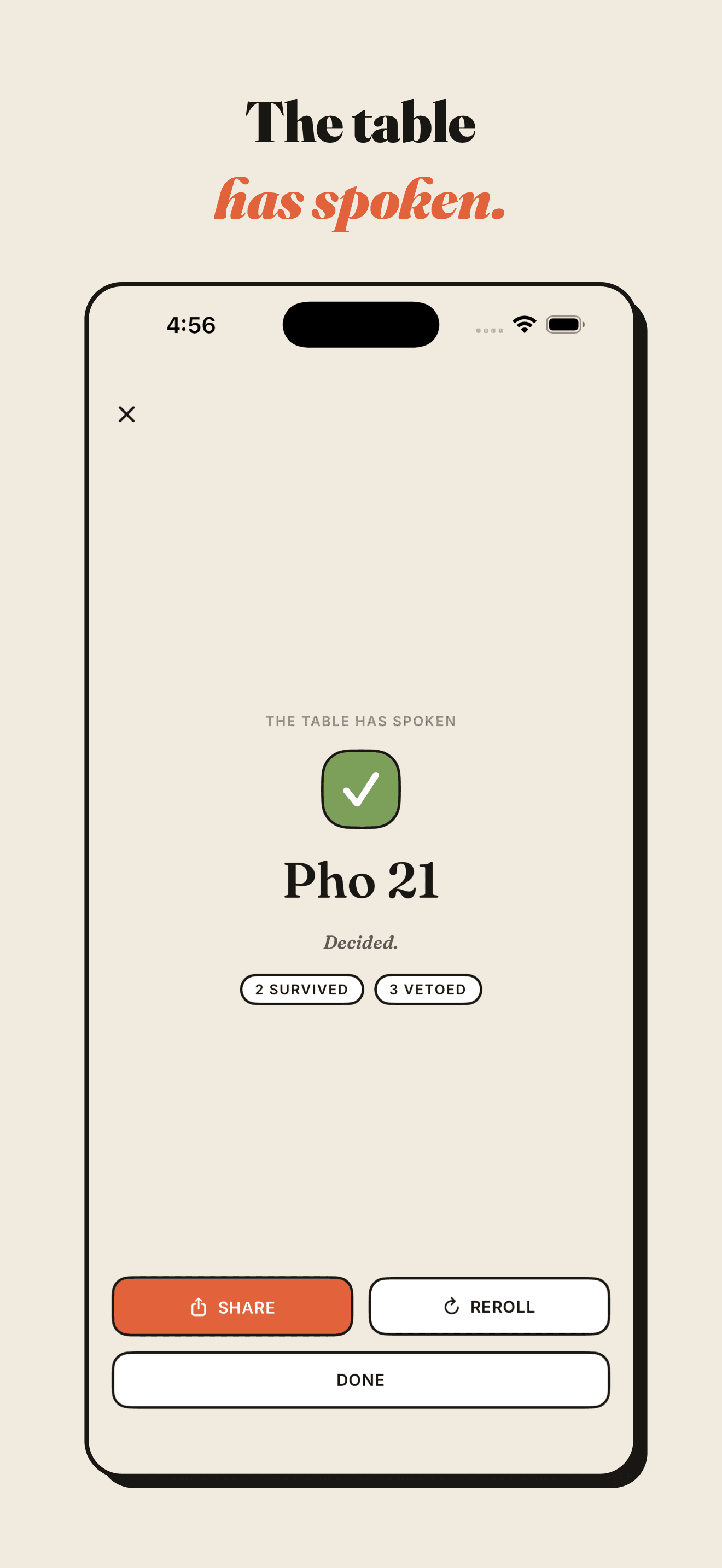 The reveal — the winner is computed by a Postgres function, so the app is handed a result rather than everybody's votes.