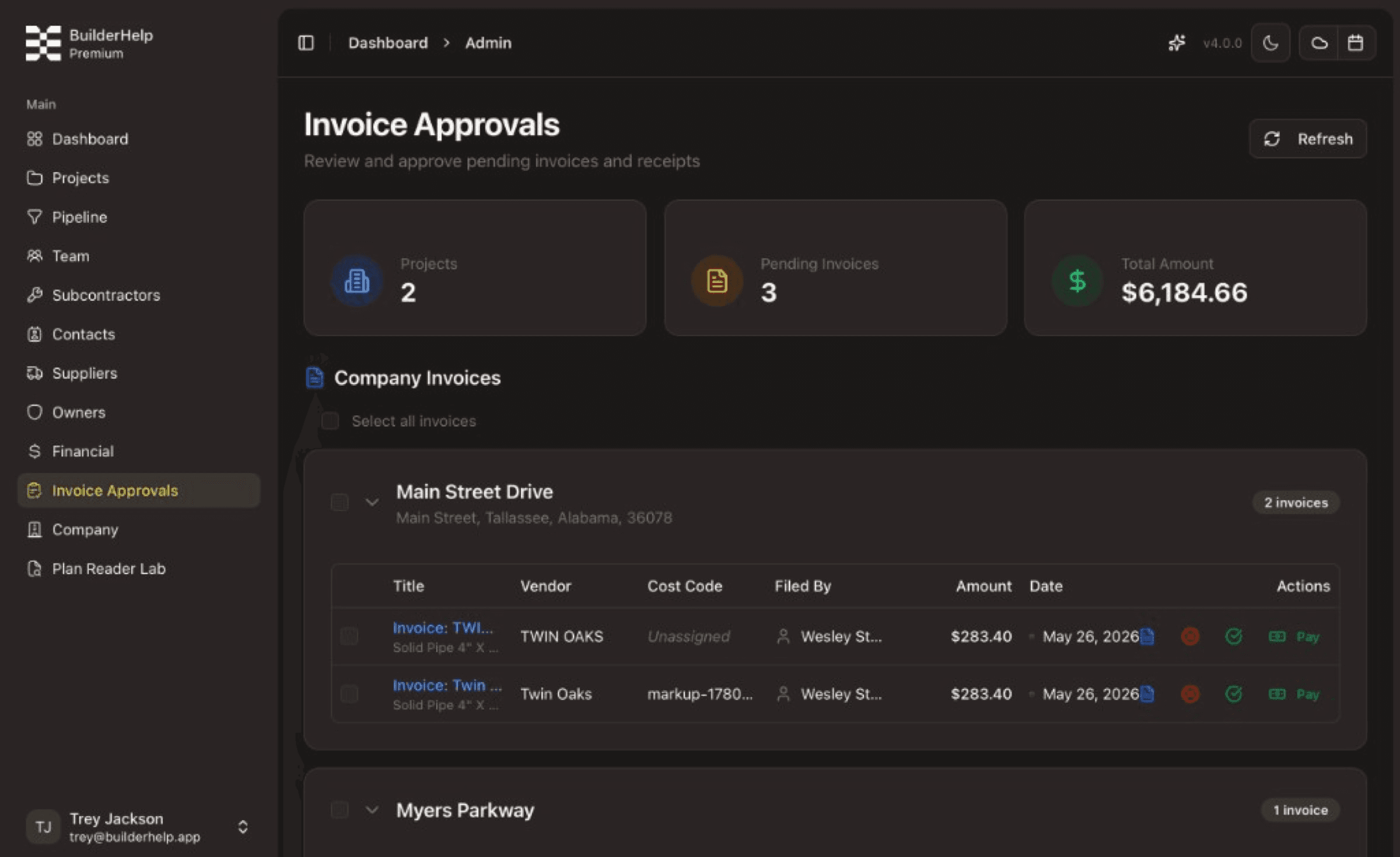 Invoice approvals — supplier receipts queued for review, approve, and pay without leaving the project.