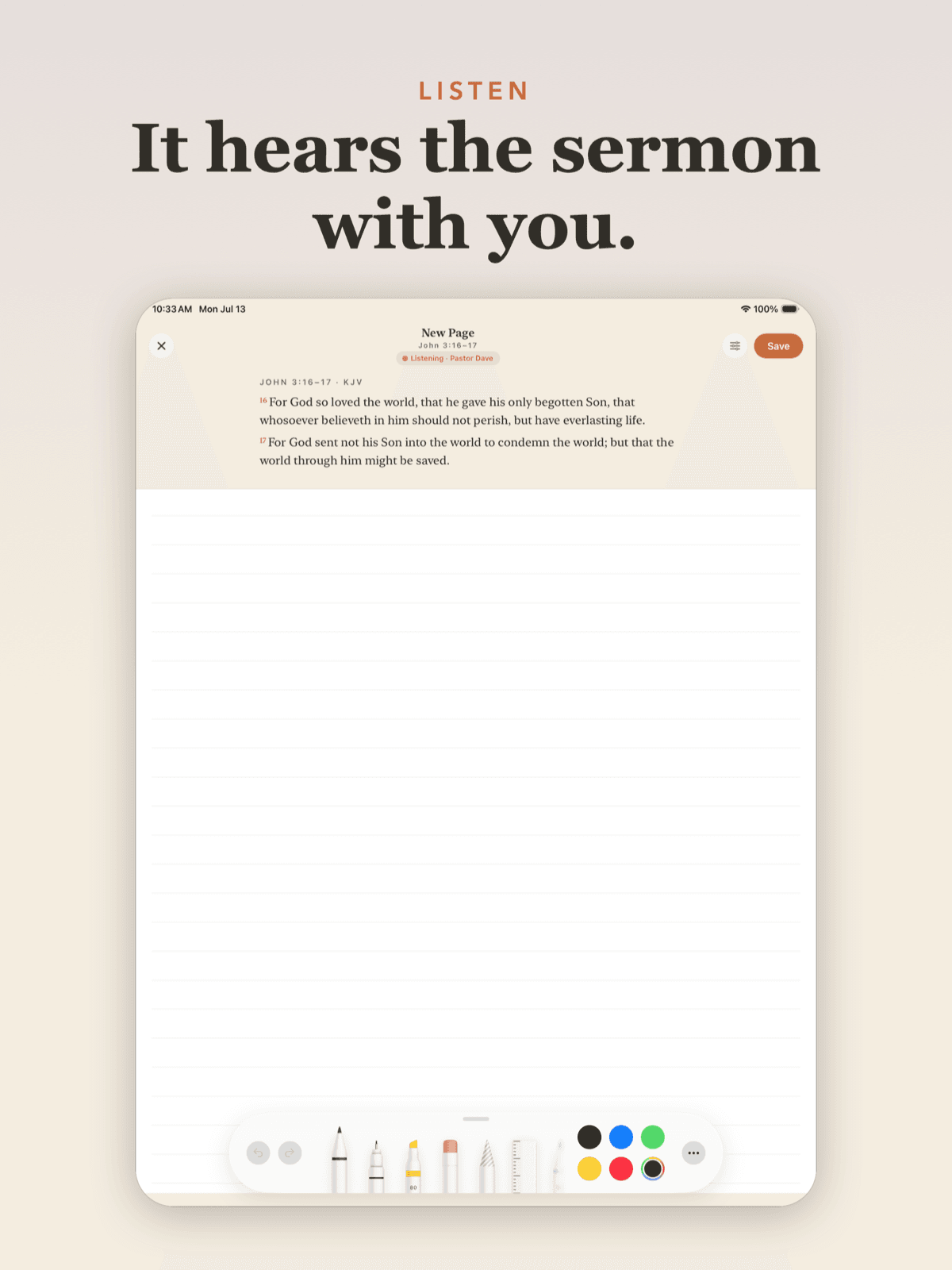 Listening — a live session transcribes while you write, the two streams sharing one clock.
