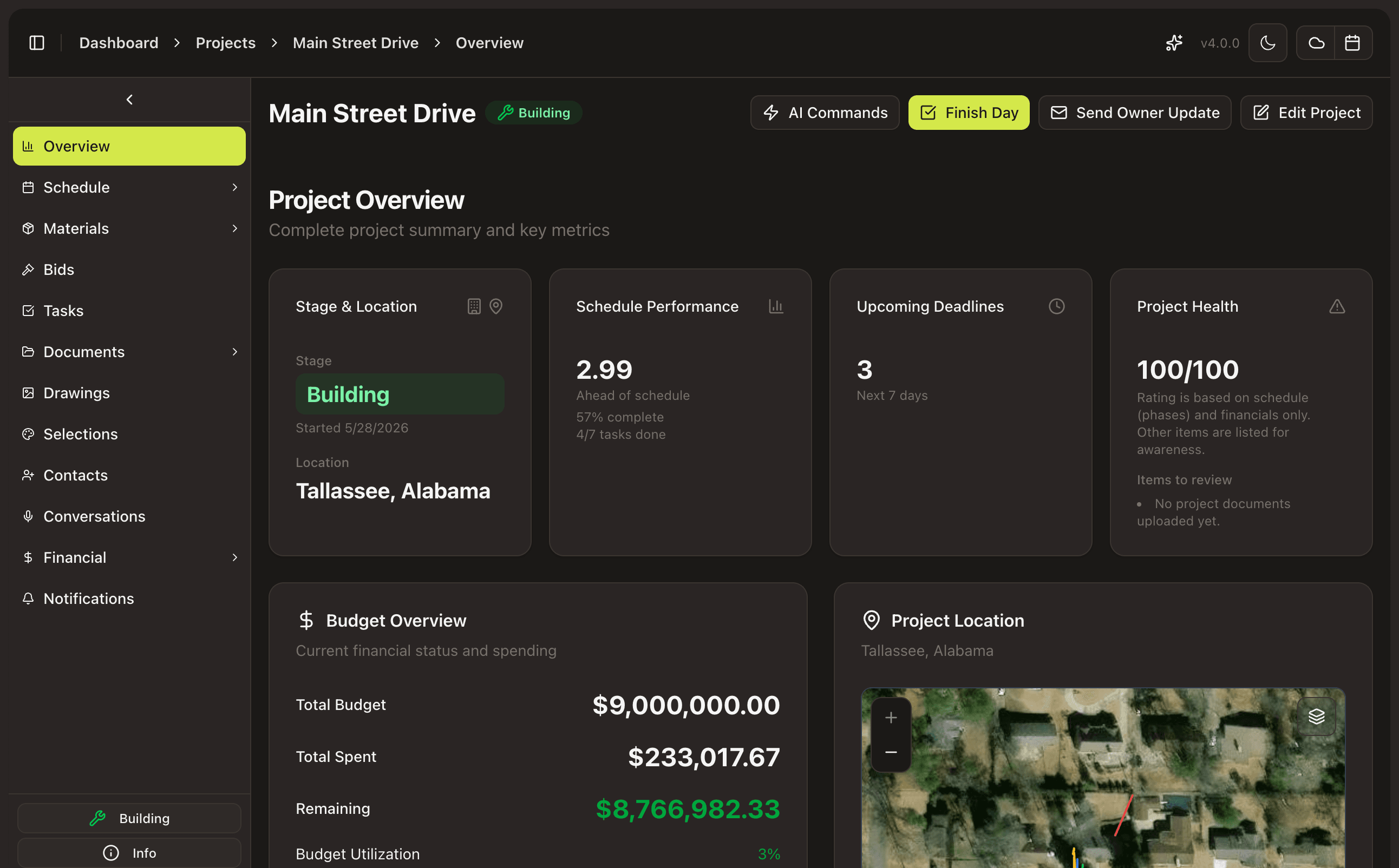 A live project overview — schedule health, budget remaining, and the map, shaped for a PM at a desk.
