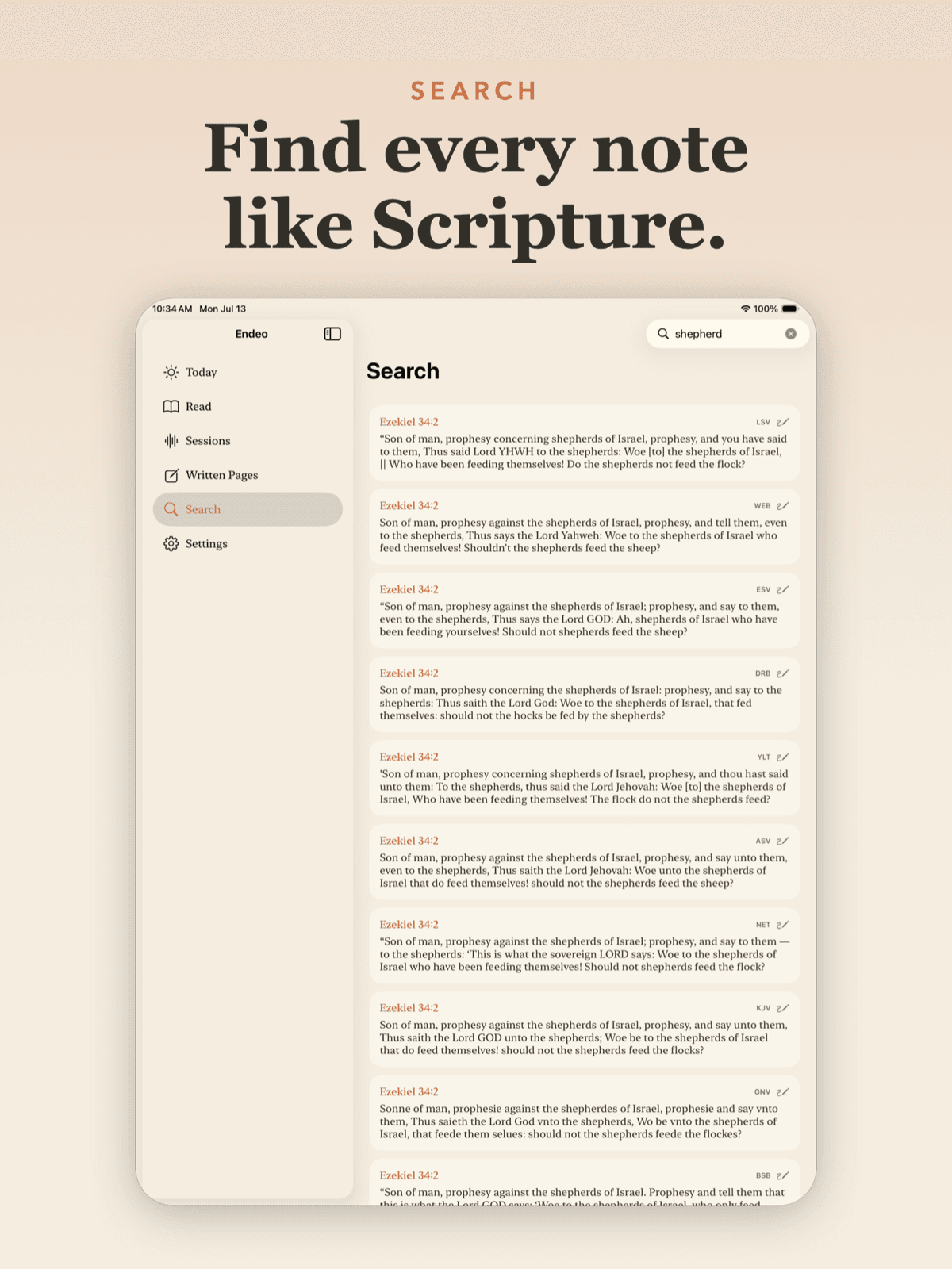 Search — across translations and your own handwriting, because the notes are indexed as text.